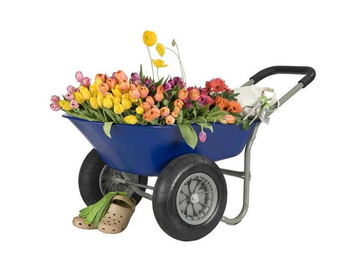 A garden cart with a polyethylene bed material used in hauling various flowers.