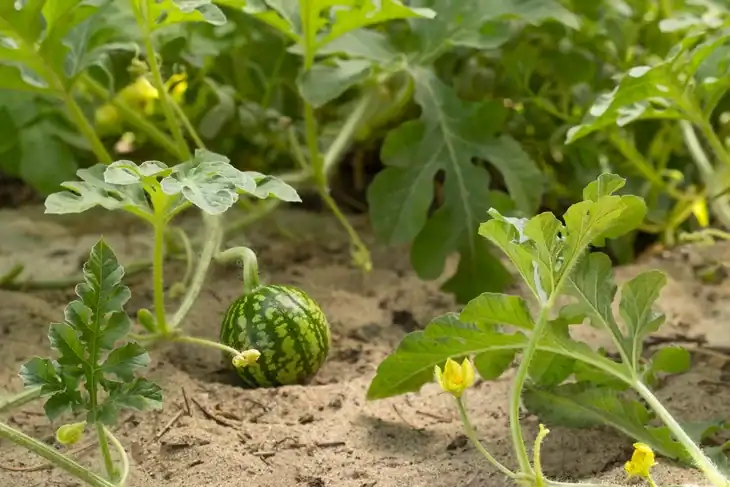 A small watermelon fruit surrounded by its vine