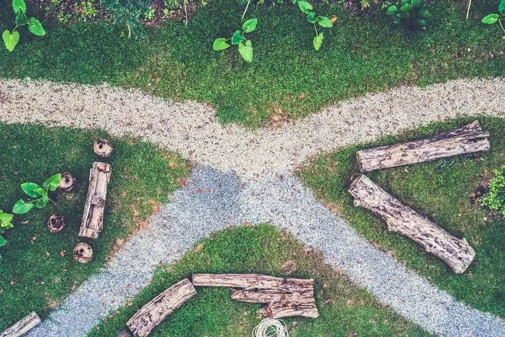Garden walkways, logs, and rich green grass on heavily compacted soil