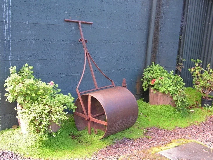 Illustration of lawn roller being used on the grass