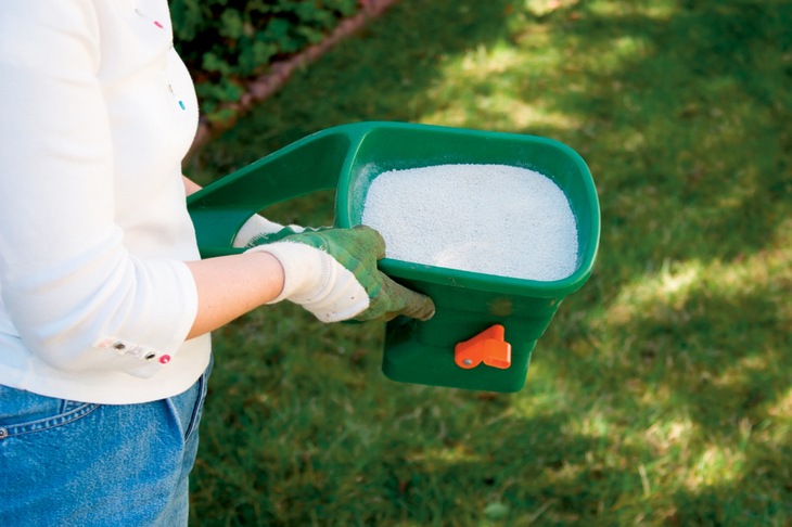 A handheld fertilizer spreader is used for small patches and tight areas