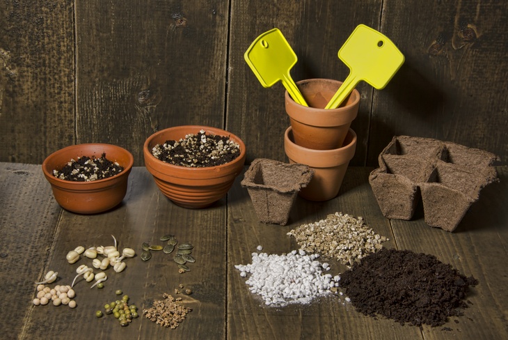 A picture of ingredients, materials, and equipment that can be used to make potting soil