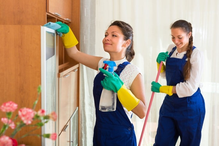 Smiling professional cleaners team cleaning in the house with rags and mop. Selective focus